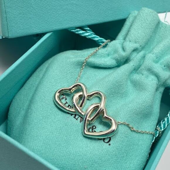 Tiffany & Co. Sterling Silver 3 Triple Open Heart Pendant Necklace 17 Inch - Picture 1 of 12